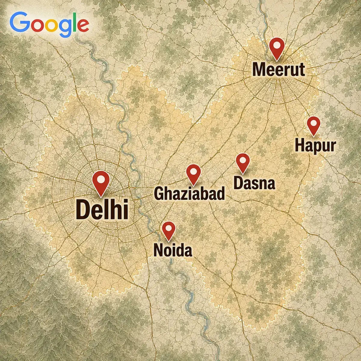 Fast delivery coverage map — Dasna, Ghaziabad, Noida, Hapur, Meerut, Delhi